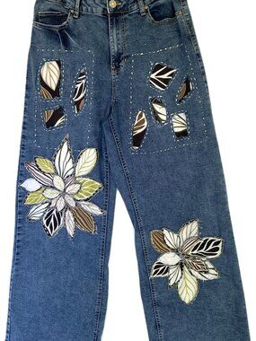 Floral Patchwork Wide-Leg Jeans • Upcycled • Forest Collective #101